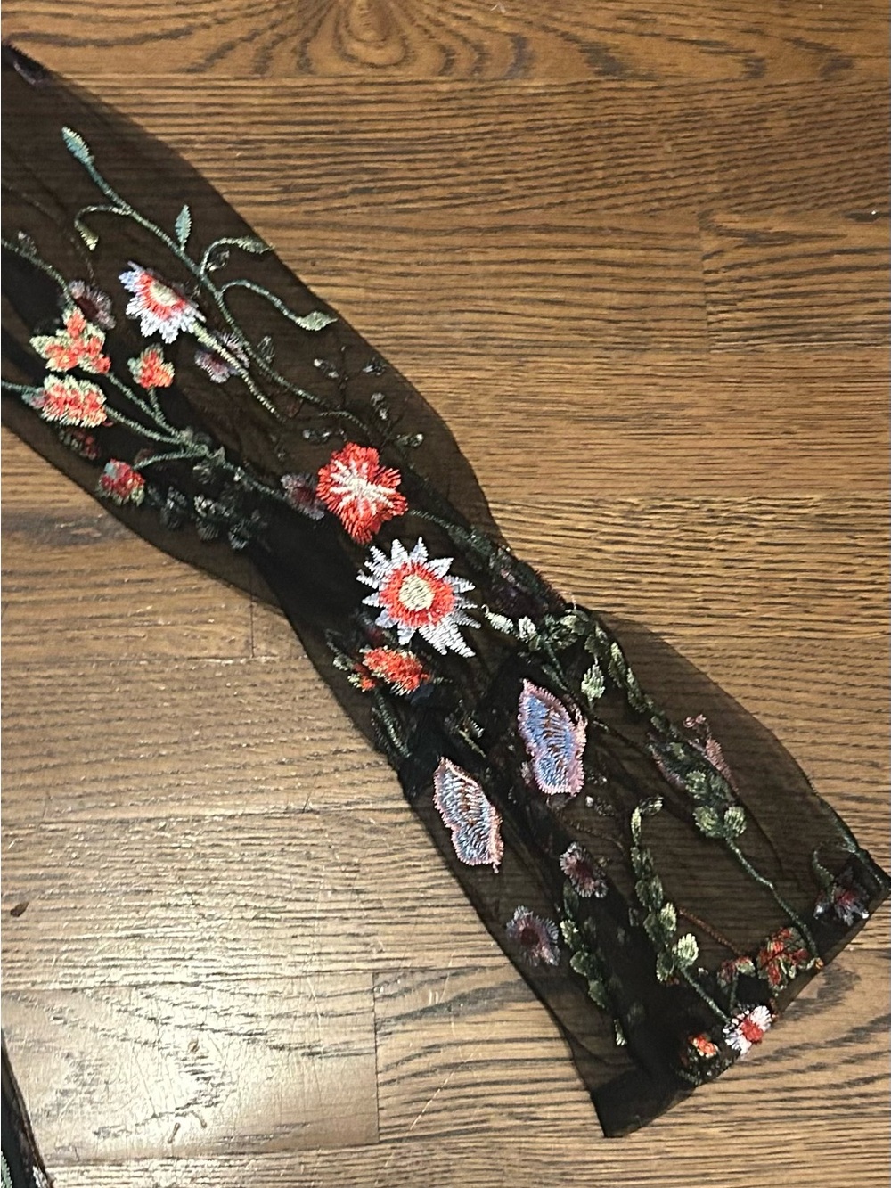 Embroidered Black shear Mini Dress with Floral embroidery and bell sleeves 0192 - Picture 3 of 12